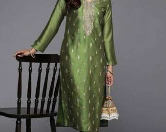 Indian Party Wear Dress For Women Green Embroidered Silk Hyper Texture Kurta Pakistani Salwar Suit Tunic Indian Tunic Top Gift For Women