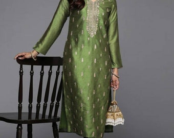 Robe de soirée indienne pour femme, soie brodée verte Hyper Texture Kurta, costume salwar pakistanais, tunique, haut tunique indien, cadeau pour femme