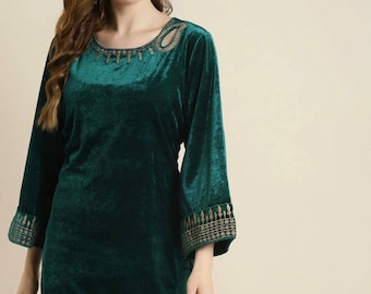 Velvet Tunic | Kurtis Tunic For Women | Teal Velvet Top For Women | Short Kurta Dress | Winter - Spring Wear | Indian Ethnic Top For Women