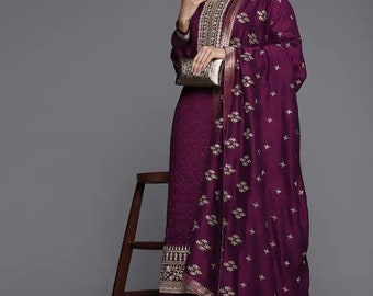 Purple Zari Embroidered Kurta With Palazzo & Dupatta - Silk Kurta Set - Party Wear Indian Dress - Salwar Kameez - Wedding Wear Salwar Suit