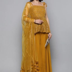 Conjunto de kurta para fiesta de boda india, kurta sin mangas con bordado en amarillo mostaza, palazzo y dupatta, salwar kameez, kurta con pala