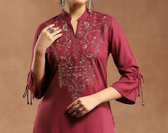 Indian Party Wear Dress For Women Maroon Embroidered Kurti For Women Gift Short Kurta Dress Indian Tunic Top Ethnic Wear Blouse