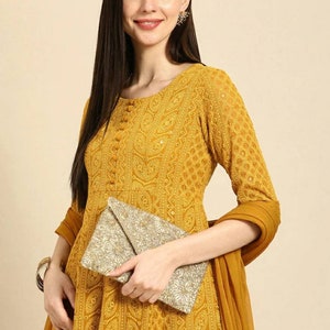Vestido de fiesta indio para mujer: kurta bordada en amarillo mostaza con palazzos y dupatta, conjunto salwar kameez, conjunto étnico, vestido indio