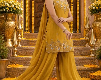 Indian Party Wedding Wear For Women - Mustard Yellow Embroidered Sequinned Kurta With Trousers & Dupatta - Kurta Sets - Salwar Kameez