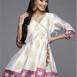Indian Party Wear Dress For Women - White & Gold Silk Kurti For Women - Short Kurta Dress - Indian Tunic Top - Ethnic Wear - XXS Blouse