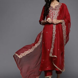 Party Wear Kurta Set - Women Red Ethnic Motifs Yoke Design Thread Work Embroidery Kurta Set - Indian Wedding Dress - Salwar Kameez Set