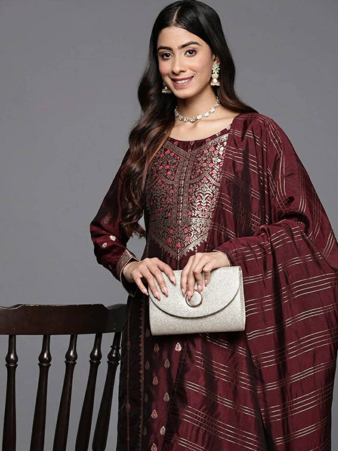 Indian Party Wear Dress for Women Burgundy Embroidered Silk Kurta With