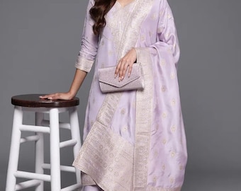 Robe de soirée indienne pour femme - Kurta en soie brodée lavande avec palazzos et dupatta - Ensemble Salwar Kameez - Ensemble ethnique - Robe indienne