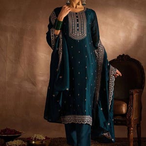 Indian Party Wear Dress For Women - Teal Green Embroidered Silk Kurta With Trousers & Dupatta Salwar Kameez Set - Ethnic Set Indian Dress
