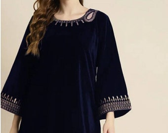 Velvet Tunic | Kurtis Tunic For Women | Navy Blue Top For Women | Short Kurta Dress | Winter - Spring Wear | Indian Ethnic Top For Women