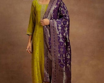Party Wear Indian Dress For Women - Green Embroidered Pure Silk Kurta With Trousers and Dupatta - Salwar Kameez - Wedding Wear Salwar Suit