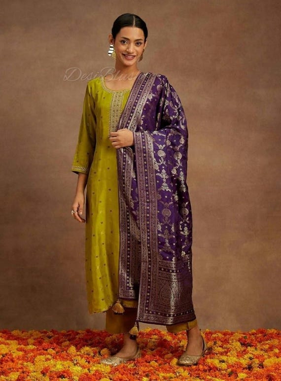 Party Wear Indian Dress For Women - Green Embroidered Pure Silk Kurta With Trousers and Dupatta - Salwar Kameez