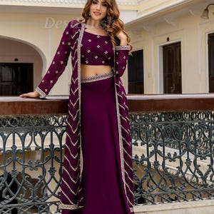 Party Wear Dress for Women Purple Self-Design Top with Skirt Indo Western Ethnic Set for women Embroidered Crop top with Skirt and Shrug
