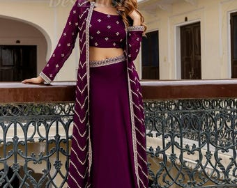 Party Wear Dress for Women Purple Self-Design Top with Skirt Indo Western Ethnic Set for women Embroidered Crop top with Skirt and Shrug