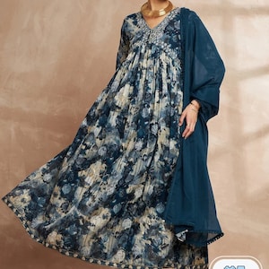 Party Wear Dress Salwar Kameez Dupatta Set - Blue Embroidered Kurta With Trousers & Dupatta - Silk Kurta Set -Wedding Wear Salwar Suit