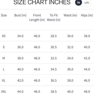 May include: Size chart in inches for clothing with measurements for bust, front length, to fit waist, waist, and hips.
