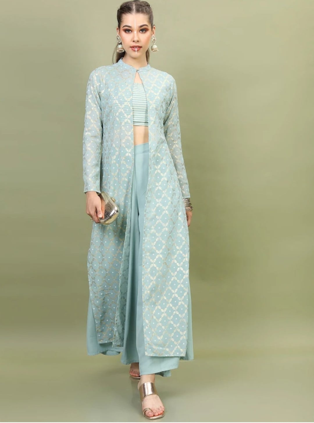 Party Wear Dress Sea Green Printed Top With Solid Palazzos Indo