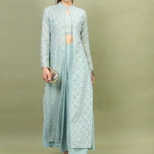 Party Wear Dress Sea Green Printed Top with Solid Palazzos Indo Western Ethnic Set For Women Printed Crop Top with Palazzo and Shrug
