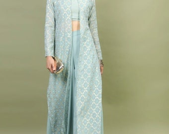 Party Wear Dress Sea Green Printed Top with Solid Palazzos Indo Western Ethnic Set For Women Printed Crop Top with Palazzo and Shrug