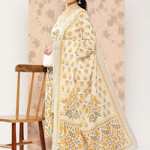 Pure Cotton Kurta Sets For Women - Yellow Ethnic Motifs Printed Empire Kurta With Trouser & Dupatta - Summer / Office Wear - Indian Dress