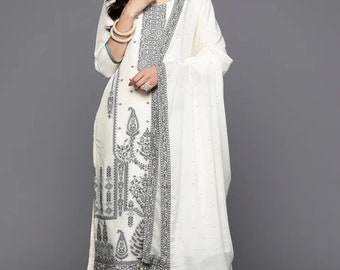 Indian Party Wear Dress For Women - Off-White Woven Design Silk Kurta With Palazzos & Dupatta Salwar Kameez Set - Ethnic Set Indian Dress