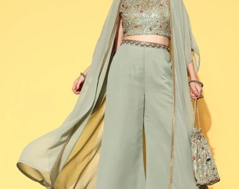 Party Wear Dress Green Self-Design Top with Solid Palazzos Indo Western Ethnic Set for women Embroidered Crop top with palazzo and shrug