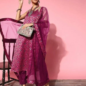 Party Wear Kurta Set - Women Solid Silk Blend Ethereal Embroidery Kurta Set- Indian Wedding Dress - Salwar Kameez Set