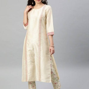 Silk Kurta Sets For Women - Creem Printed Silk Blend Kurta With Trousers - Indian Party Wear - Kurta With Palazzos Women - Indian Dress