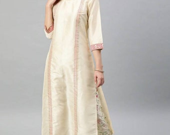 Ensembles Kurta en soie pour femme - Kurta Kurta en soie mélangée imprimé crème avec pantalon - Tenues de soirée indiennes - Kurta avec palazzo pour femme - Robe indienne