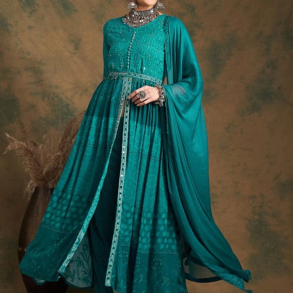 Party Wear Dress Teal Green Embroidered High Slit A-line Kurta with Trousers & Dupatta Indo Western Ethnic Set for Women Salwar Kameez