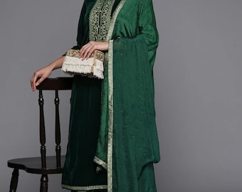 Velvet Kurta Sets For Women - Green Motifs Embroidered Kurta With Trousers & Dupatta - Indian Party Wear - Salwar Kameez Set - Indian Dress