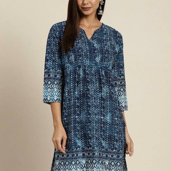 Pure Cotton Tunic Tops For Women Navy Blue Printed Top Short Kurta Kurtis For Women Summer Top Tees T-shirt Plus Size Boho Tops Gift For Her