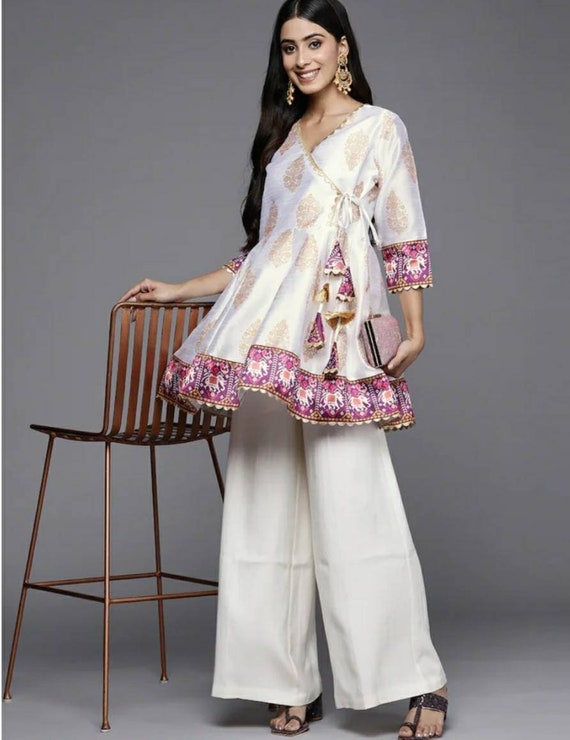 Indian Party Wear Dress for Women - White & Gold Silk Kurti