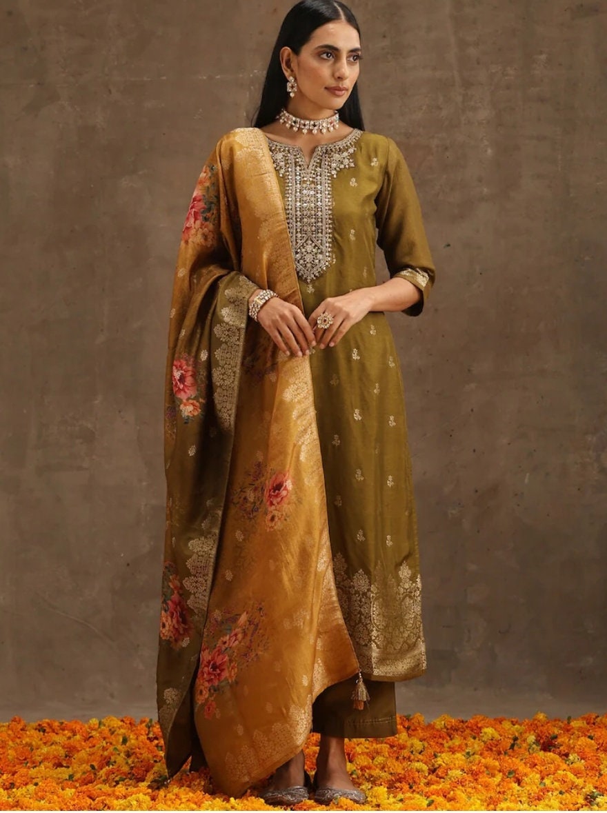 Silk Kurta Sets For Women Olive Green Embroidered Pure Silk Etsy