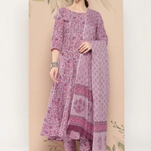 Pure Cotton Anarkali Kurta Sets For Women - Lavender Printed A-line Kurta With Trousers & Dupatta - Summer Wear Kurta Sets - Anarkali Dress