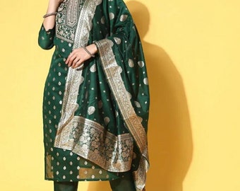 Kurta Trouser Set, Green Yoke Design Kurta With Palazzo, Kurti For Women, Indian Dress, Indian Party Wear, Casual Wear Kurta, Ethnic Dress