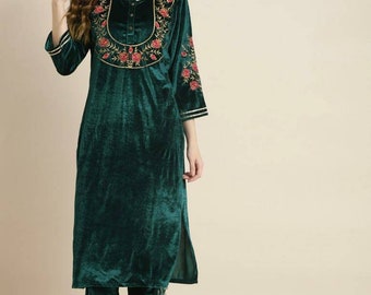 Indian Party Wear Dress For Women - Teal & Gold Velvet Kurta - Kurtis For Women - XXS Kurta Dress - Indian Tunic Top - Ethnic Wear