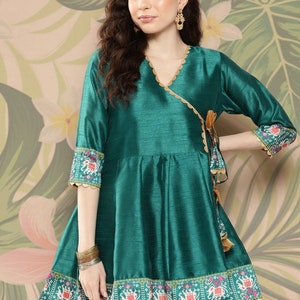 Indian Party Wear Dress For Women - Teal & Gold Silk Kurti For Women - Short Kurta Dress - Indian Tunic Top - Ethnic Wear - XXS Blouse