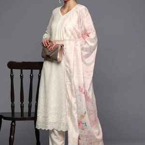 Indian Dress For Women - Off-white Embroidered Thread Work Kurta With Trousers & Dupatta - Salwar Kameez Set - Indian Party Wear Dress