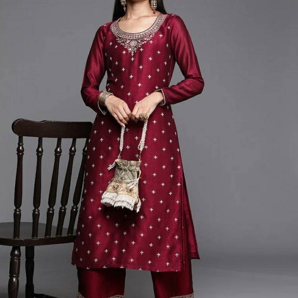 Silk Kurta For Indian Party Wear Maroon Yoke Design Embroidered Silk Kurta Indian Kurta Gift For Women Pakistani Wedding Salwar Suit Tunics