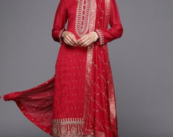 Indian Party/Wedding Wear For Women - Magenta Floral Embroidered Kurta With Palazzo & Dupatta -Indian Dress - Pakistani Salwar Kameez Suits