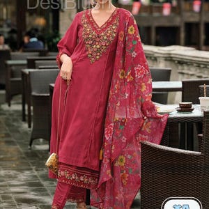Silk Kurta Sets For Women - Turquoise Red Embroidered Kurta With Trousers & Dupatta - Indian Party Wear Dress - Pakistani Salwar Kameez