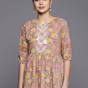 Kurtis for women - Floral Printed Tie-Up Neck Puff Sleeves Pure Cotton Kurti -  Indian Dress - Top & Tees - Printed Kurti - Tunic Dress