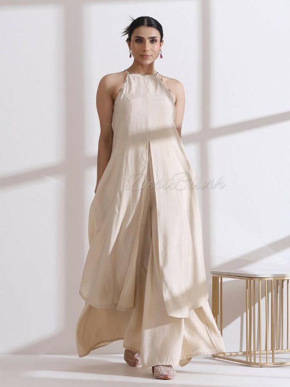 Beige Halter Neck Kurta Set with Palazzo - Festive Party Wear Suit - Indo Western Elegant Indian Outfit for Women