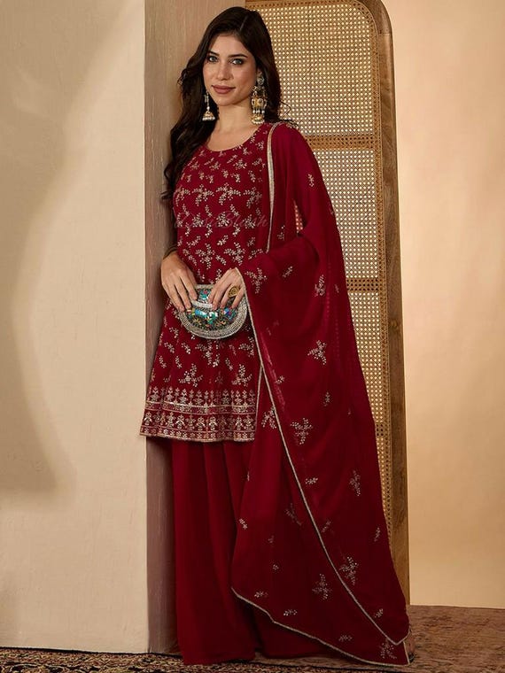red plazo dress Party Wear Dress Red Embroidered Top With Palazzo Indo Western Ethnic Set for Women Embroidered Short Kurti With Palazzo & Dupatta