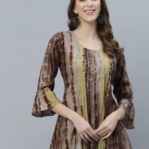 Tunics For Women -Brown & Green Printed Straight Kurti - Summer Tops Tees - Boho Hippie Tops - Short Kurta Women - Kurtis For Women