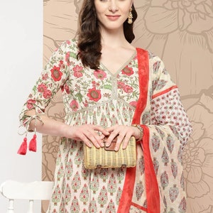 Pure Cotton Kurta Sets For Women - Off White Ethnic Motifs Printed A-line Kurta With Trouser & Dupatta - Summer / Office Wear - Indian Dress