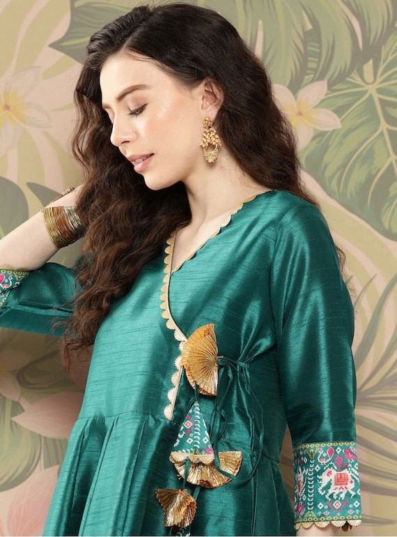 teal and gold indian dress Buy Indian Wedding Guest Outfits: Teal Anarkali Suit