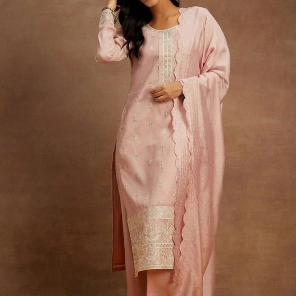 Party Wear Indian Dress - Pink Zari Embroidered Pure Silk Kurta With Trousers & Dupatta - Salwar Kameez - Wedding Wear Salwar Suit