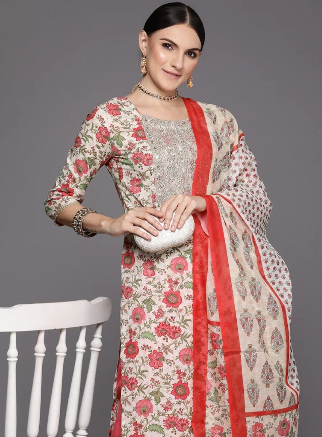 Women Burgundy & Beige Motifs Printed Pure Cotton Kurta With Plazzos And Dupatta